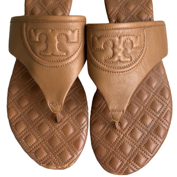 Tory Burch Fleming Quilted Tan Leather Thong Padded Slides Sandals - 8 - Picture 7 of 13